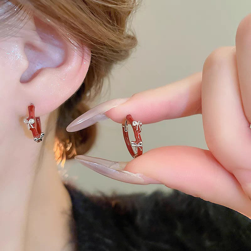 1 Pair 999 Sterling Silver Wine Red Enamel Butterfly Hoop Earrings, Retro & Elegant, Perfect For Daily, Dating & Festivals, Ideal Valentine's Gift