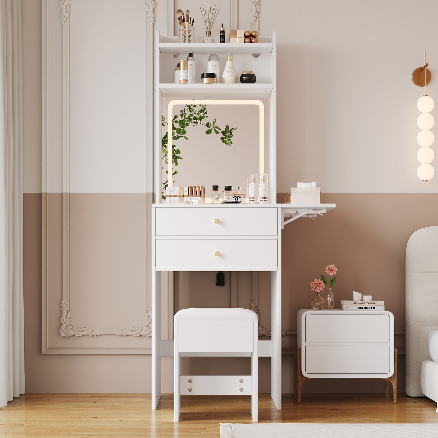 Small Dressing Table With Adjustable LED Lighting And -Incl. 1 Stool, 2 Drawers, Two Open Compartments And Storage Space With 25cm Folding Table Top Colour White Dimensions  WxHxD 75 X156 X45 Cm