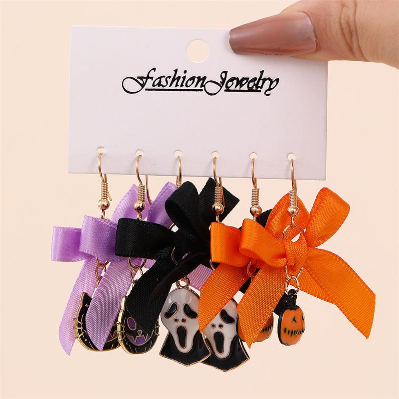 Bowknot Ribbon Pumpkin Head Earrings Halloween Female Accessories