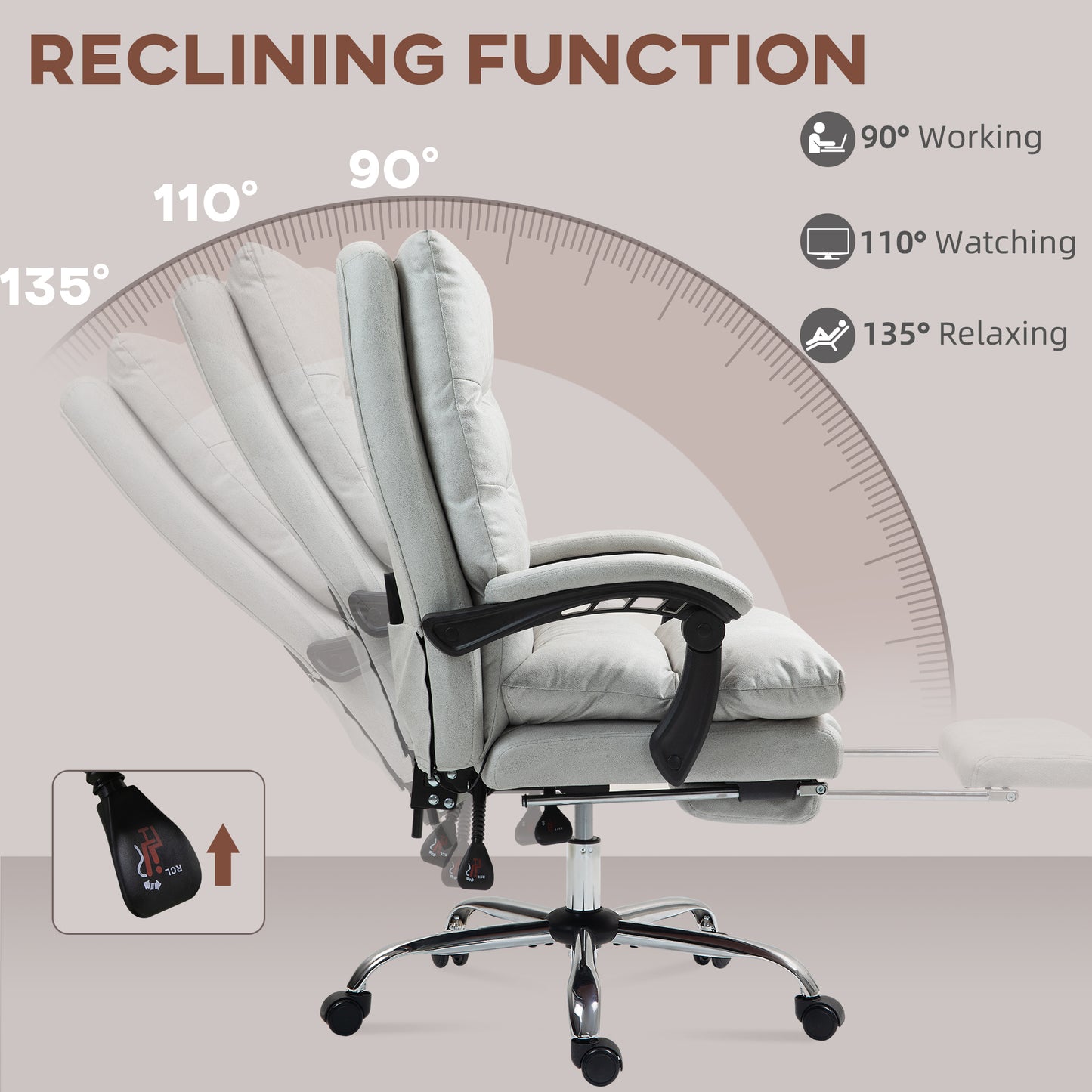 Microfibre Massage Office Chair, Heated Reclining Chair with Footrest, Double-tier Padding, Swivel Wheels, Light Gray