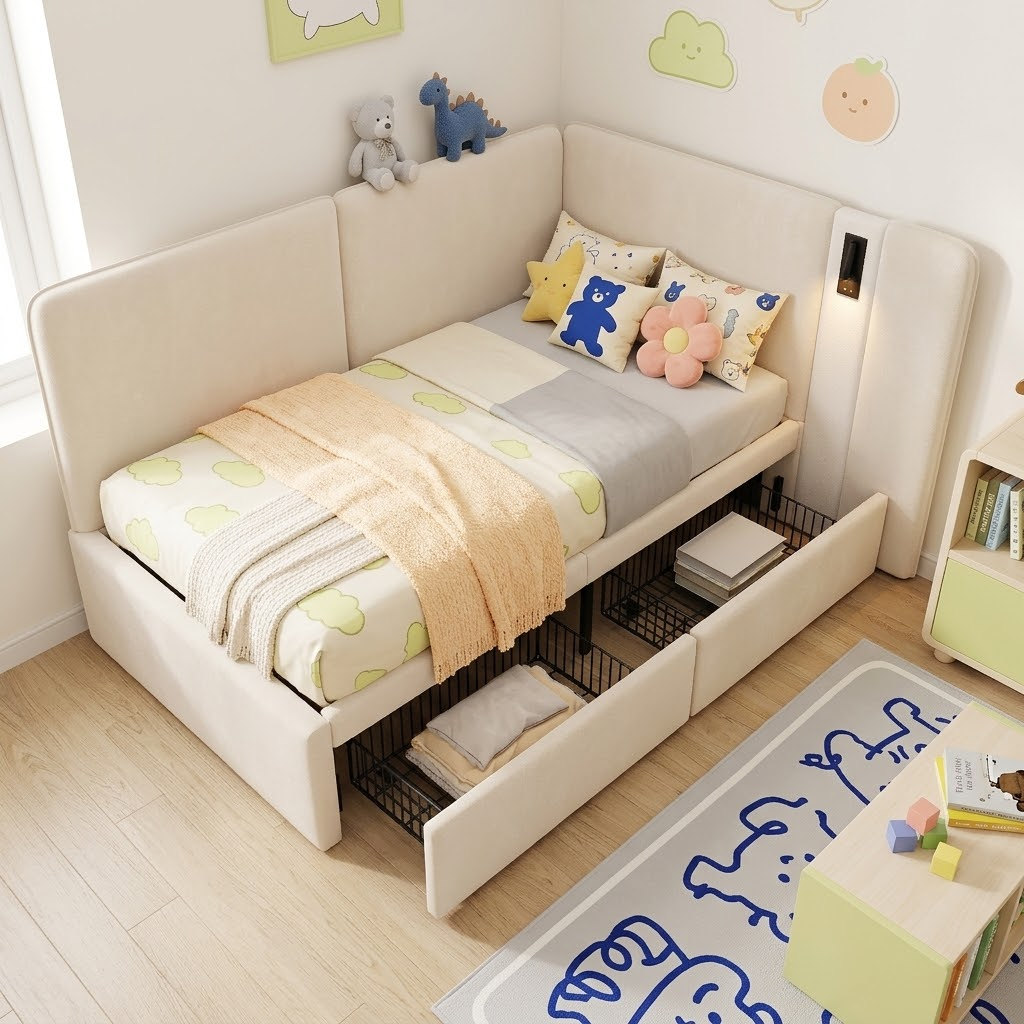 Daybed 90x200 Cm With 2 Drawers, Upholstered Bed, Daybed, Sofa Bed With USB Charging Port And Reading Lamp, Velvet, Beige