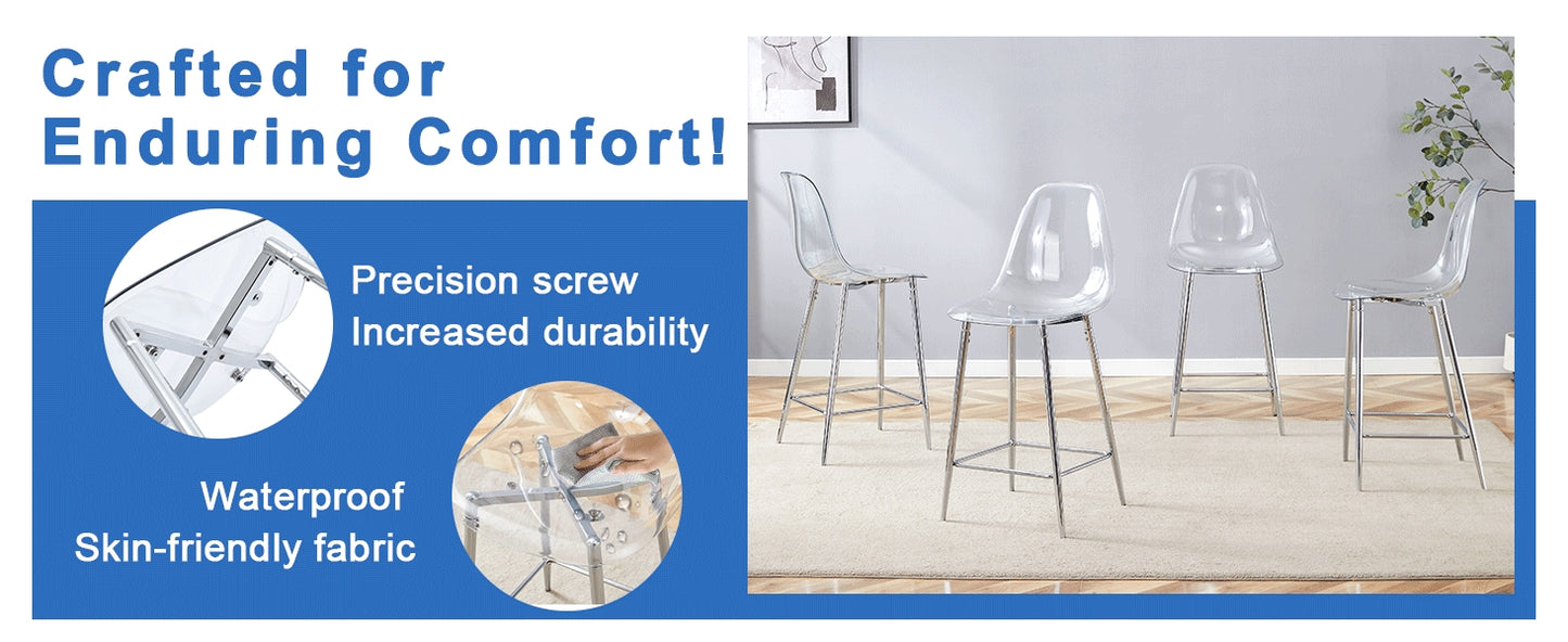 Transparent Bar Stool Set, Pack Of 4, With Metal Frame In Silver Gold Black, Modern Design Chairs For Kitchen, Bar Or Dining Room  Chairs Only, Without Table