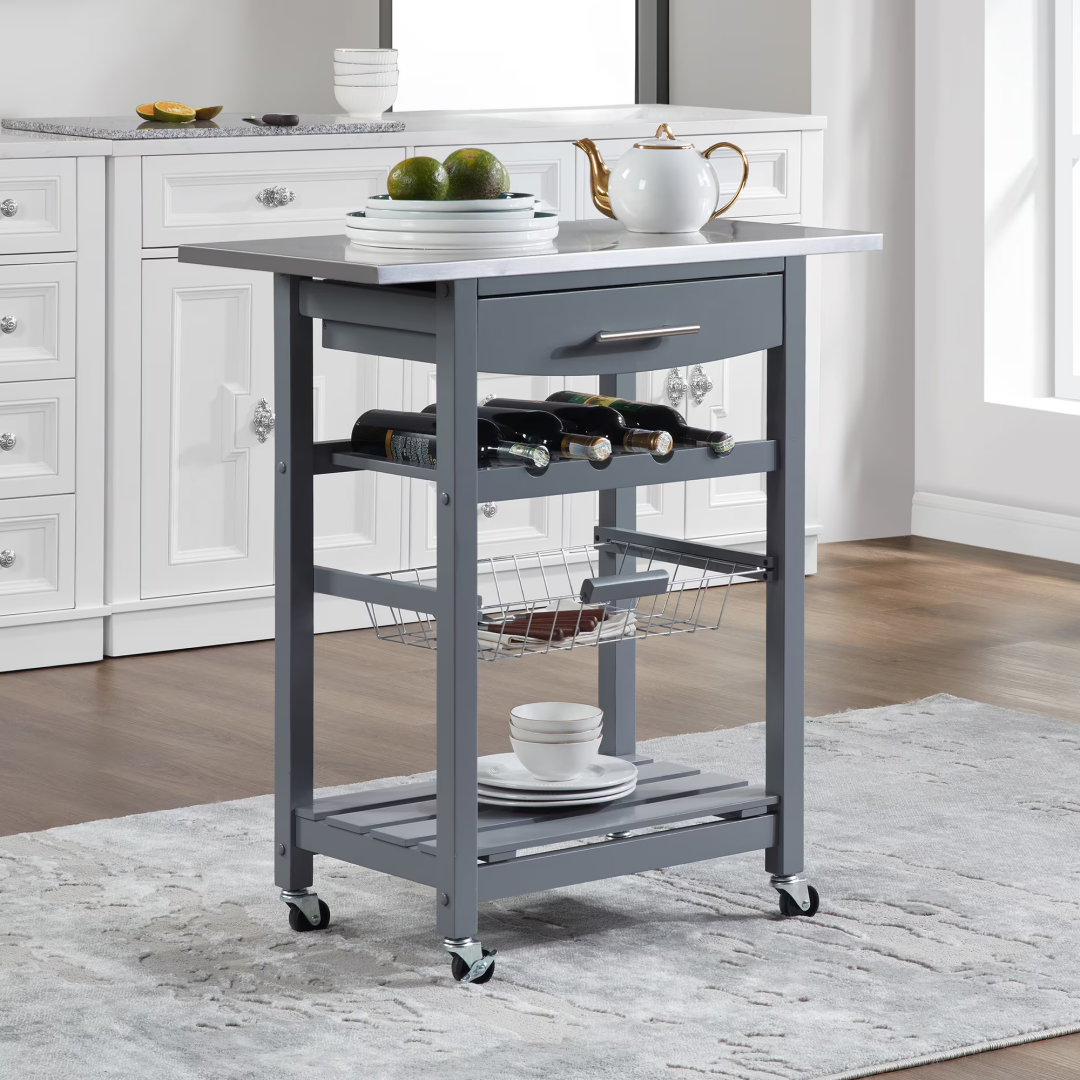 Mobile Rolling Kitchen Island Trolley Serving Cart With Underneath Drawer & Slide-Out Wire Storage Basket