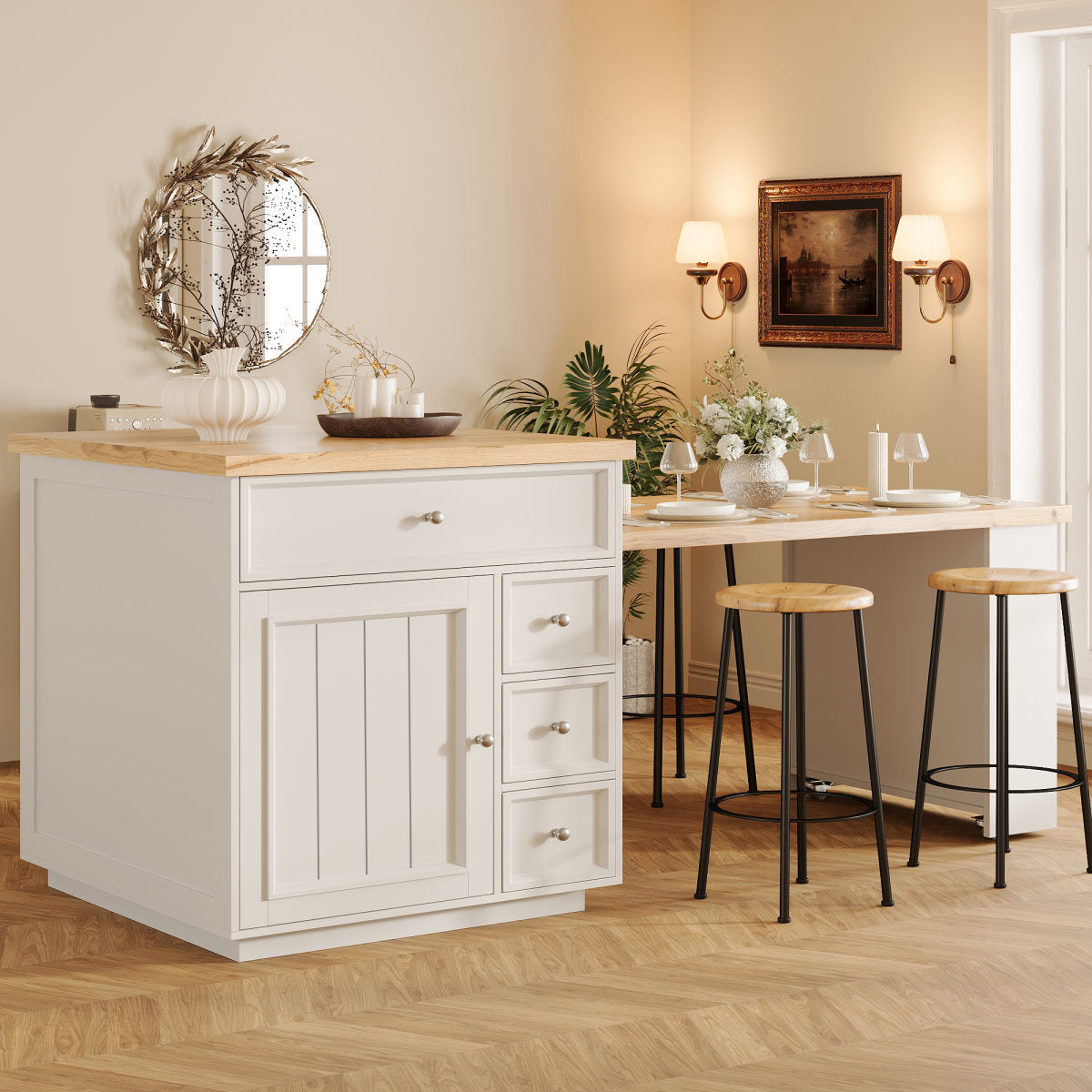 Extendable Kitchen Island  120-184 Cm With Drawers And Casters, Mobile Kitchen Island With Wood-look Tabletop, Versatile Counter Island For Kitchen, Dining Room & Bar Counter, White Black