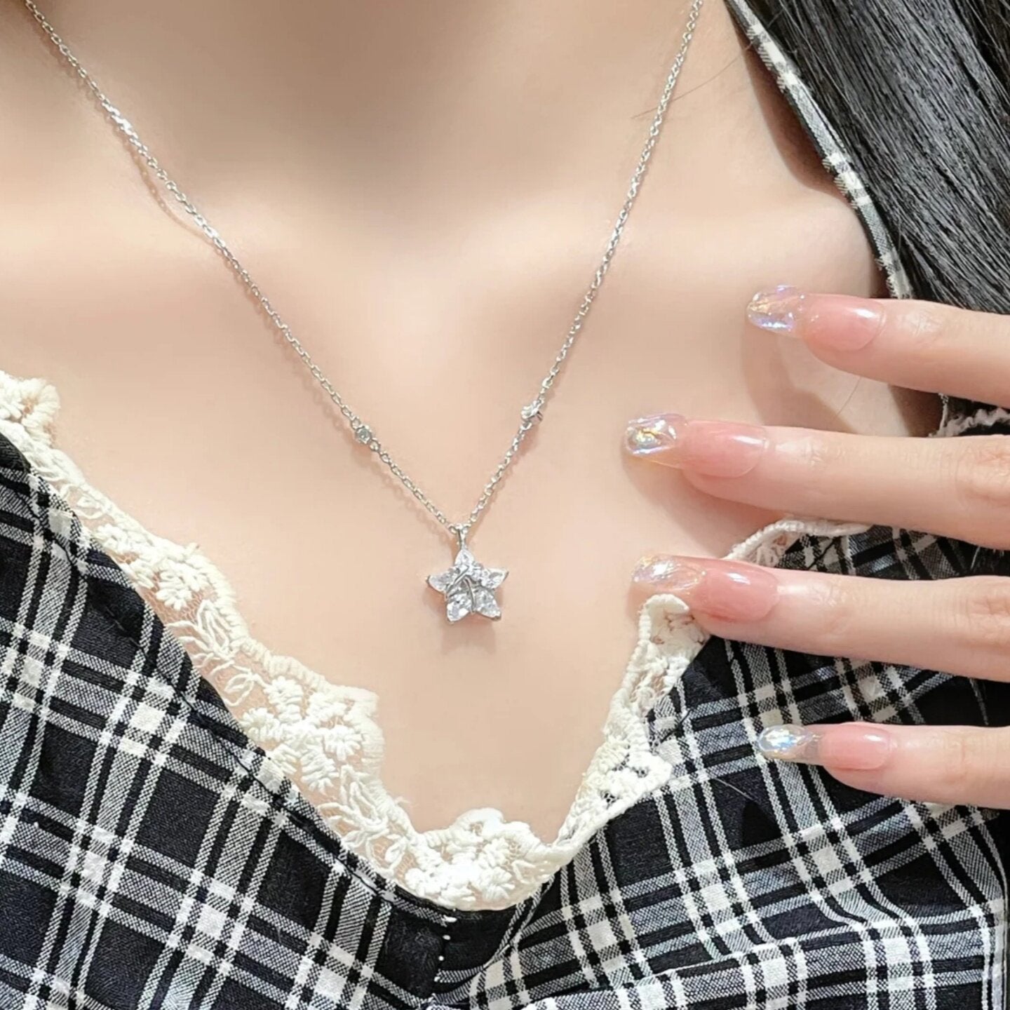 1pc 999 Sterling Silver Diamond Star Pendant Necklace, Delicate Luxurious Style, Perfect For Daily Wear & Valentine's Gifts