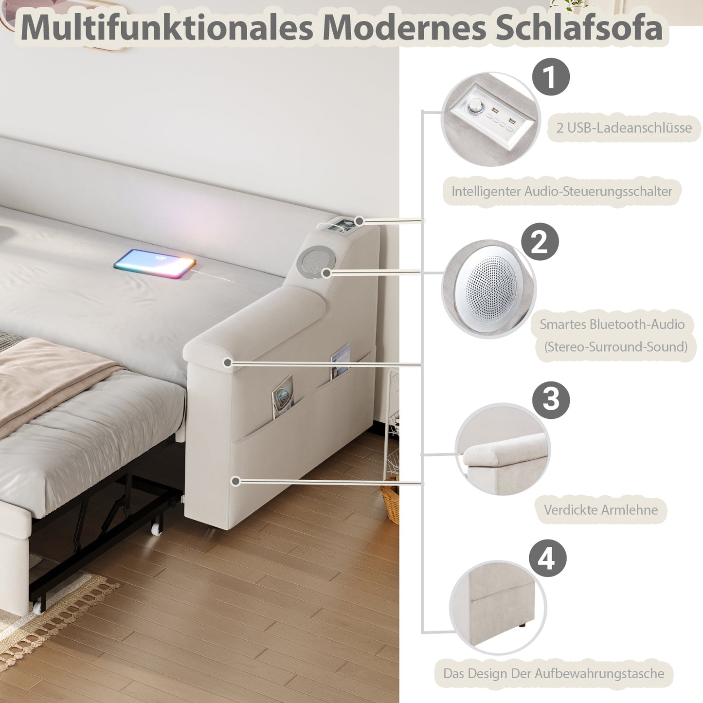Upholstered Bed Sofa Bed, 90 180x190 Cm, Armrests Wider And Thicker, With Smart Bluetooth Stereo System With USB Charging Port, With Storage Compartments, With Slatted Base, Velvet Fabric, Beige