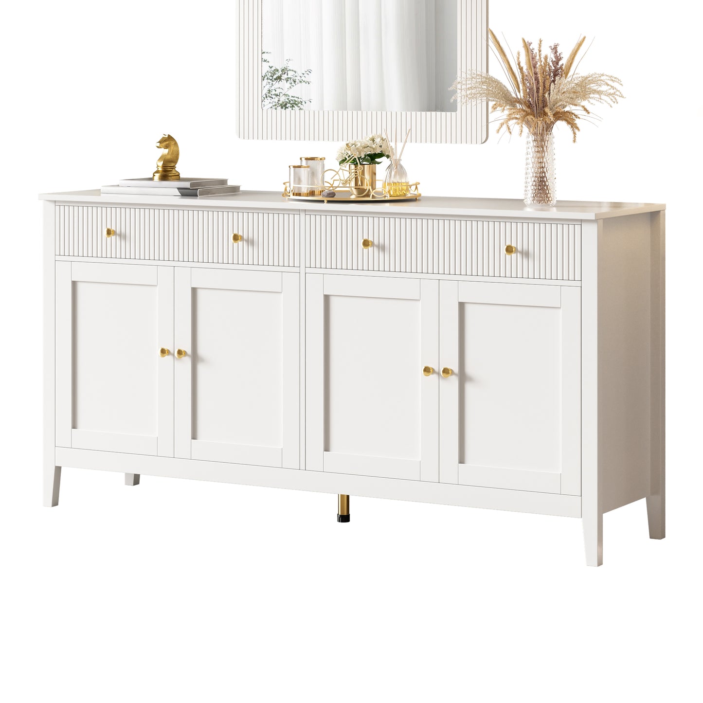 Stylish White Dining Room Sideboard With 2 Drawers And 4 Doors  Elegant Buffet For Kitchen, Dining Room & Living Room With Golden Handles And Generous Storage Space.  OLD SKU GL3234W