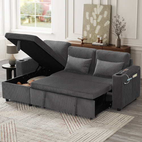 3 In 1 Convertible Corduroy Sofa Bed With Storage Chaise, L Shaped Sleeper Sofa Couches With Armrest Storage And Charging Station. Pullout Sectional Daybed For Living RoomBedroomOffice, Grey