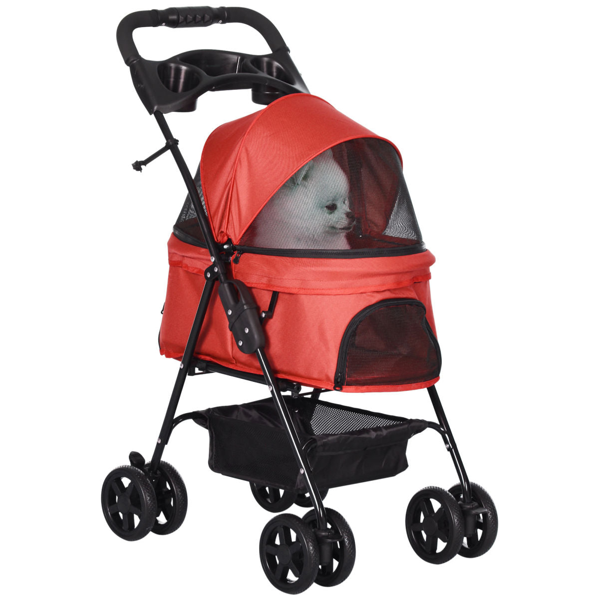 PawHut Dog Pram Dog Stroller Foldable Pet Pushchair With 4 Wheels, Safety Leashes, Cup Holder For Small Dogs, Red