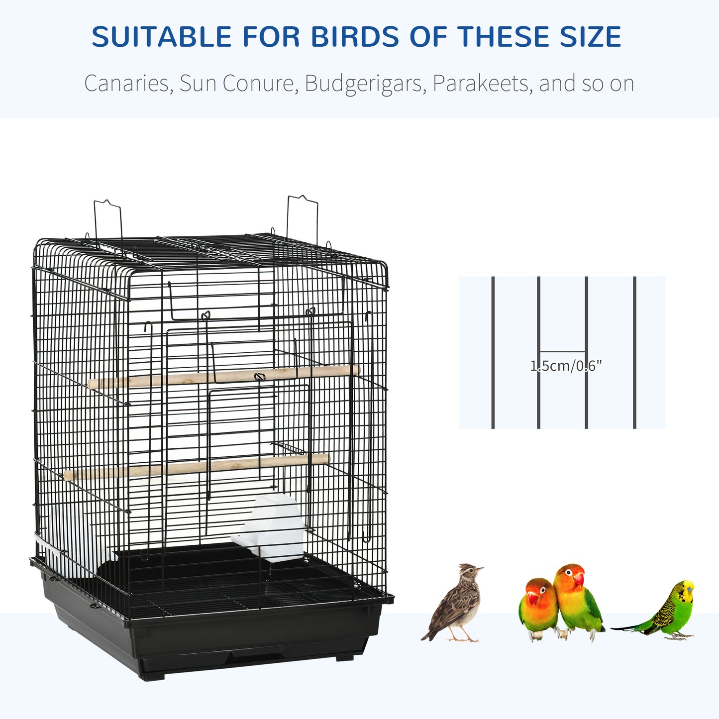PawHut Steel Bird Cage With Openable Top, Stand, Tray, Handles, Feeding Bowls For Parakeet, Finch - Black
