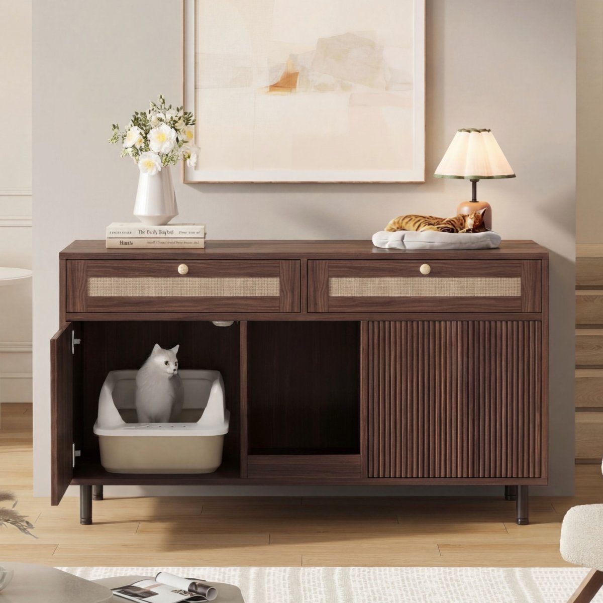 Cat Litter Box Cabinet With Sand Trap Mat, Cat Cabinet For Litter Box, Pet Cabinet With Rattan Drawers, Pet Sideboard TV Cabinet, Without Litter Box, Walnut Colors, 120x50x65 Cm