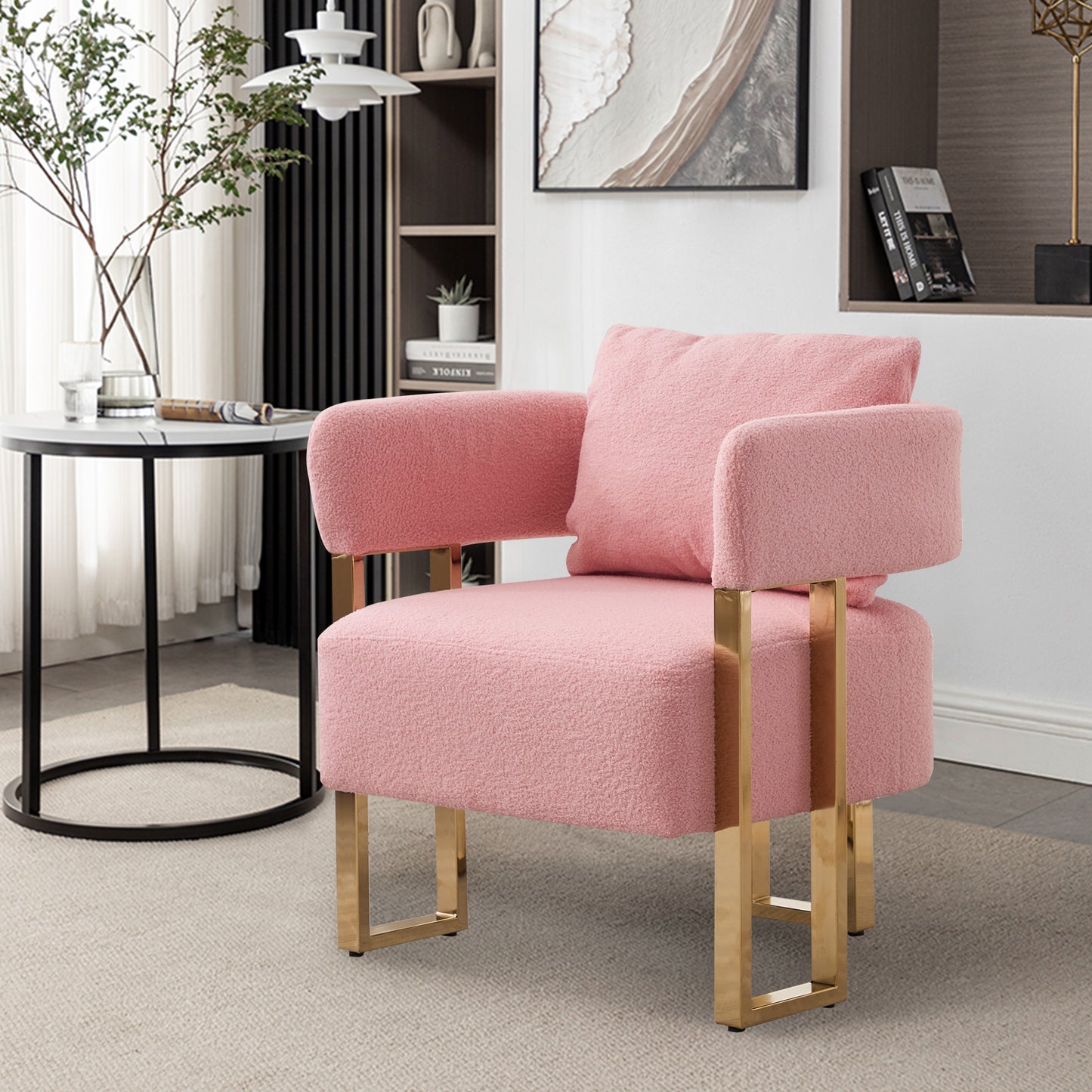TS Modern Decorative Chair, Living Room Side Chair With Gold Metal Legs, No Wheels, Suitable For Dressing Area, Reception Room, Office,Teddy Fleece Upholstered Metal Foot Sofas 2PCS