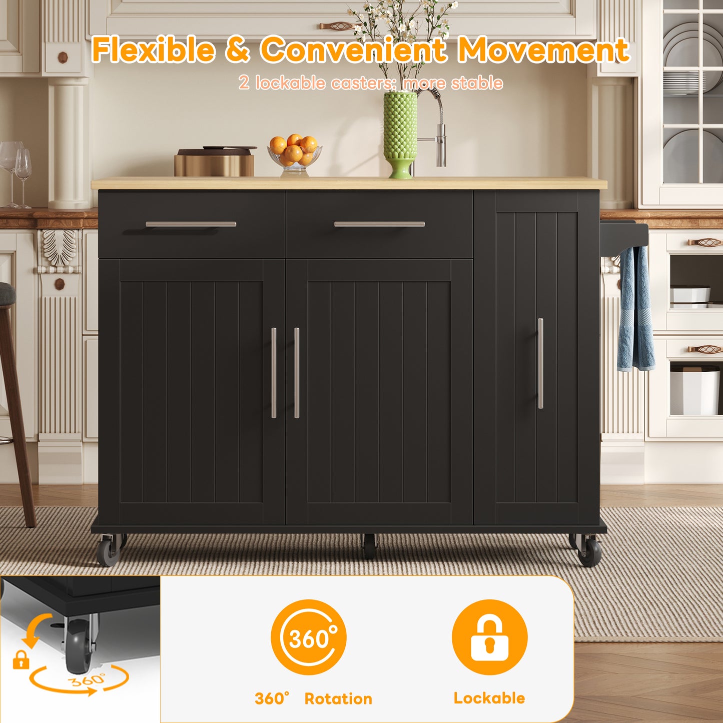 Kitchen Island With Drop Leaf, Storage Trolley With 3-tier Pull-out Cabinet Organizer, Internal Storage Rack, Rolling Cart With Towel Holder & 2 Drawers For Dining Room, Black