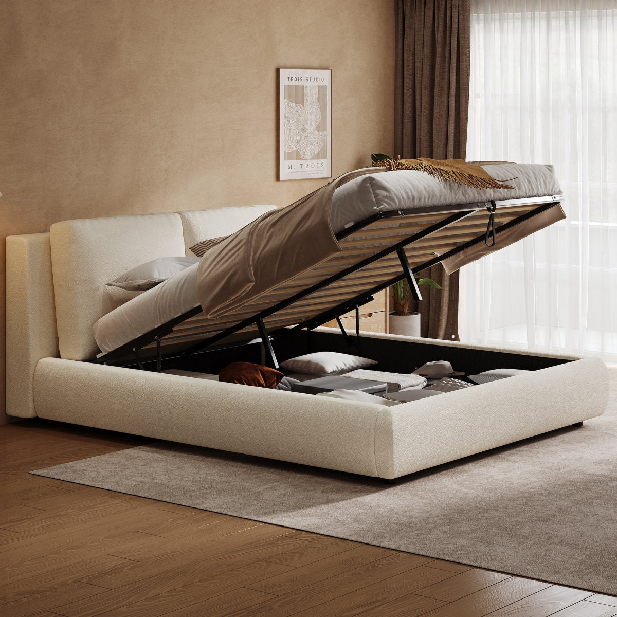 Upholstered Bed, Double Bed, 160x200cm, Hydraulic Functional Bed, Bed With Slatted Base, Headboard And Large Storage Space, Upholstered Headboard, Beige Boucle