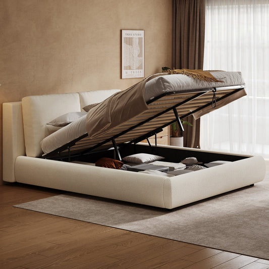 Upholstered Bed, Double Bed, 160x200cm, Hydraulic Functional Bed, Bed With Slatted Base, Headboard And Large Storage Space, Upholstered Headboard, Beige Boucle