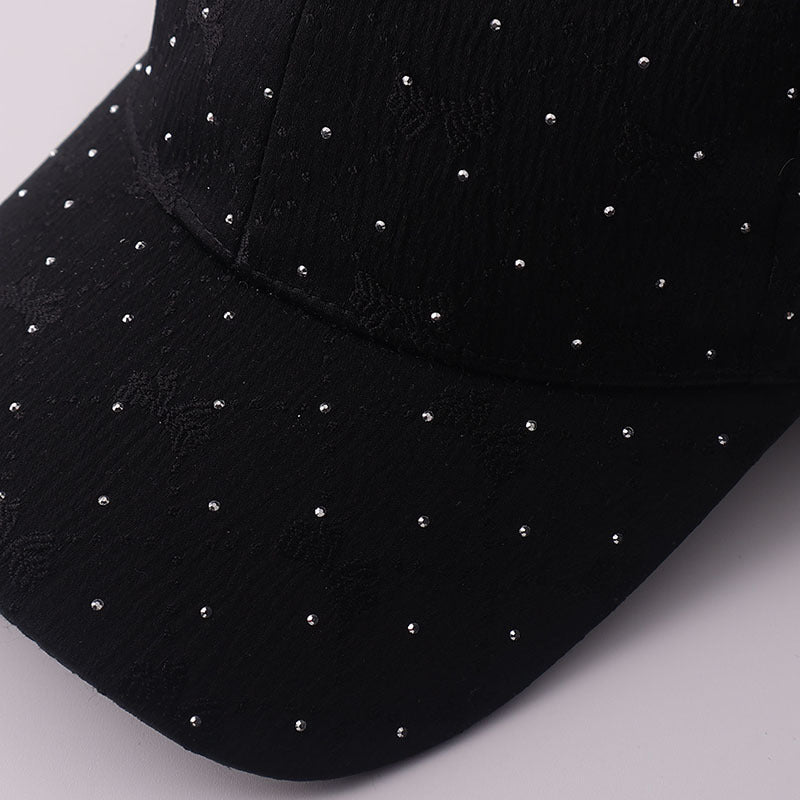 Korean-style Soft Style Bow Tie Rhinestone Baseball Cap With Textured Pleats And Breathable Brim Outdoor Versatile Hat For Outings With A Curved Brim