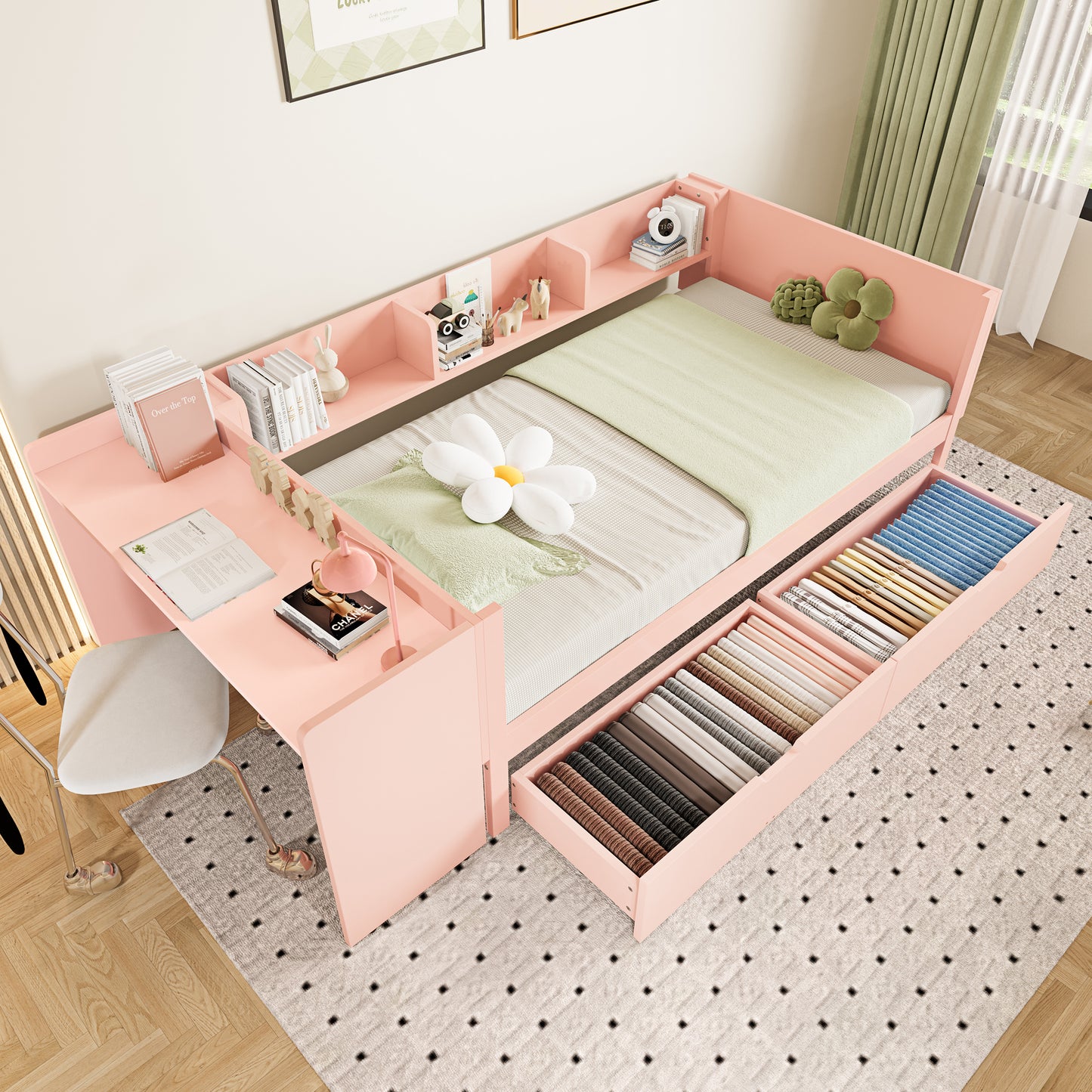 Flat Bed, Wooden Bed, 90x200cm, With Desk, Equipped With 2 Drawers, Single Bed Without Mattress , With Shelves, Pine Chipboard, Pink
