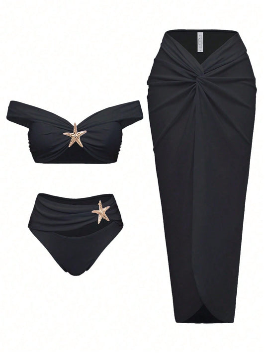 Black Off Shoulder Starfish Decor Bikini Set With Twist Front Cover Up Skirt