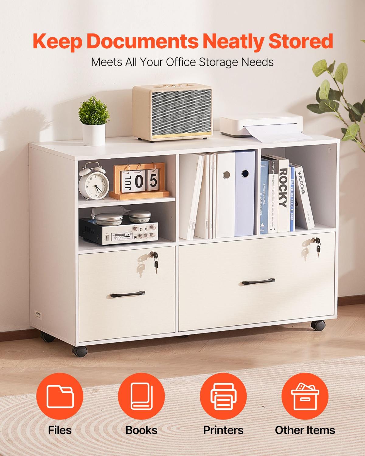 2 Drawer Wooden File Cabinet, Mobile Filing Cabinet With Open Shelves, Lockable Lateral Rolling File Storage With Adjustable Shelves, Free Standing Printer Stand For Home Office School, White