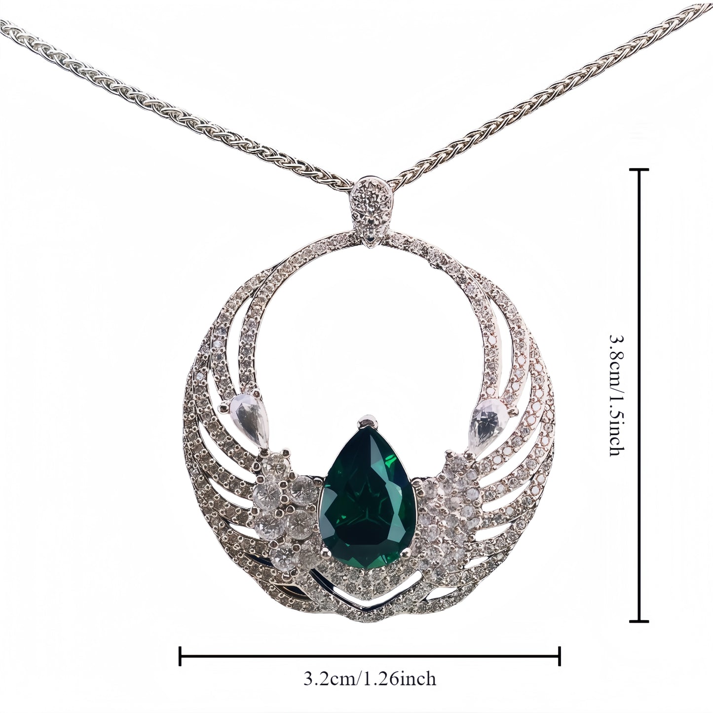 Pear Cut Simulated Emerald Wing Circle Pendant Necklace For Women, Copper Plated Silver Full Pave White Cubic Zirconia Luxury Angel Wing Wedding Bridal Statement Jewelry Gift