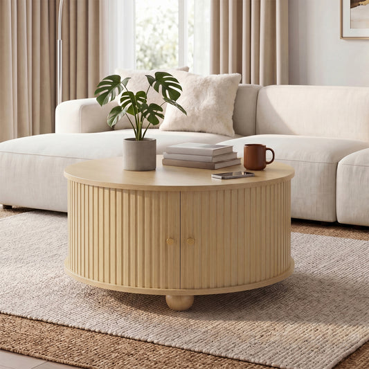 Coffee Table, Round Coffee Table, Living Room Table, Circumferential Vertical Relief Structure, Two Sliding Doors, MDF Body, Metal Handles, Spherical Metal Feet, Four Separate Storage Compartments