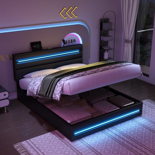 4ft6 Double Upholstered Bed Frame With Hydraulic Storage, PU Ottoman Bed With LED Lighting And Charging Station, LED Adjustable Headboard With USB And Type - C Ports, Black