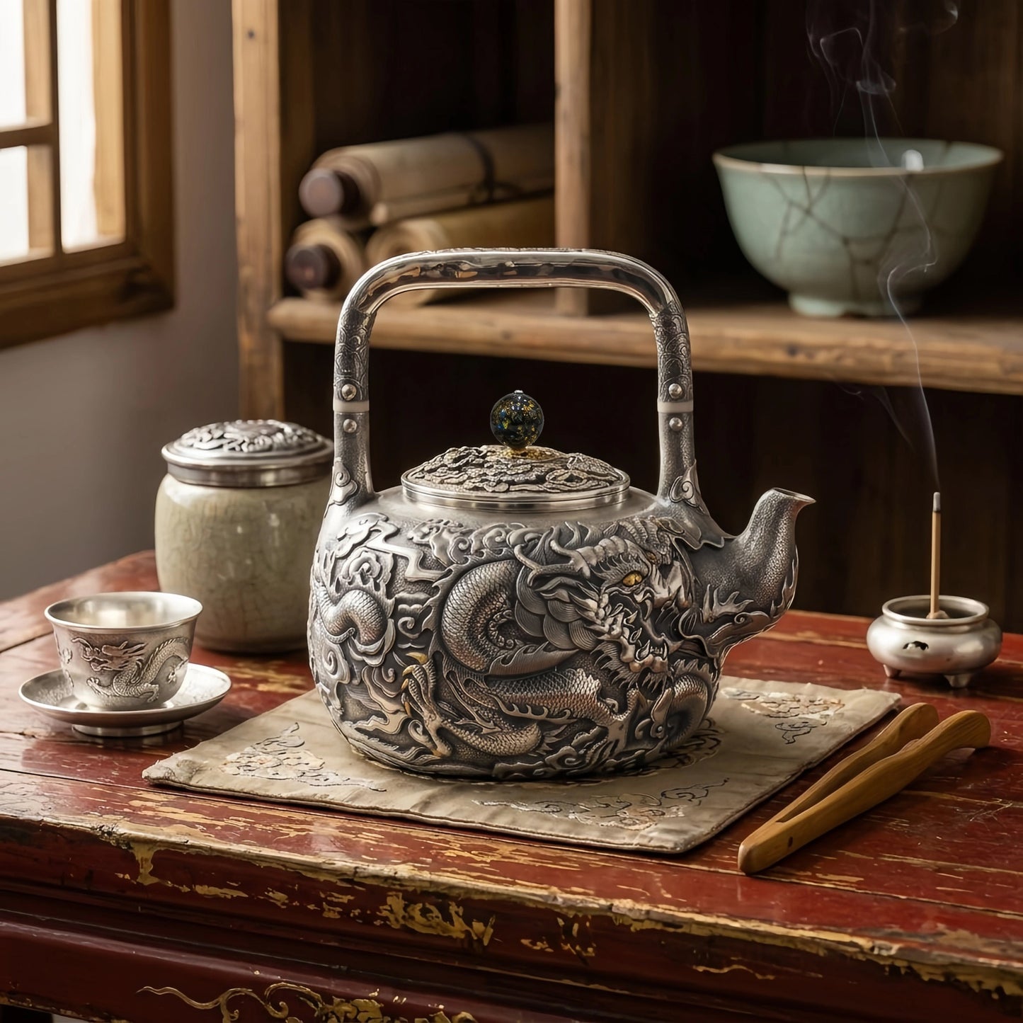 Pure 999 Fine Silver Exquisite Silver Dragon Tea Vessel with Ornate Relief and Dark Gemstone Accents - Handicraft