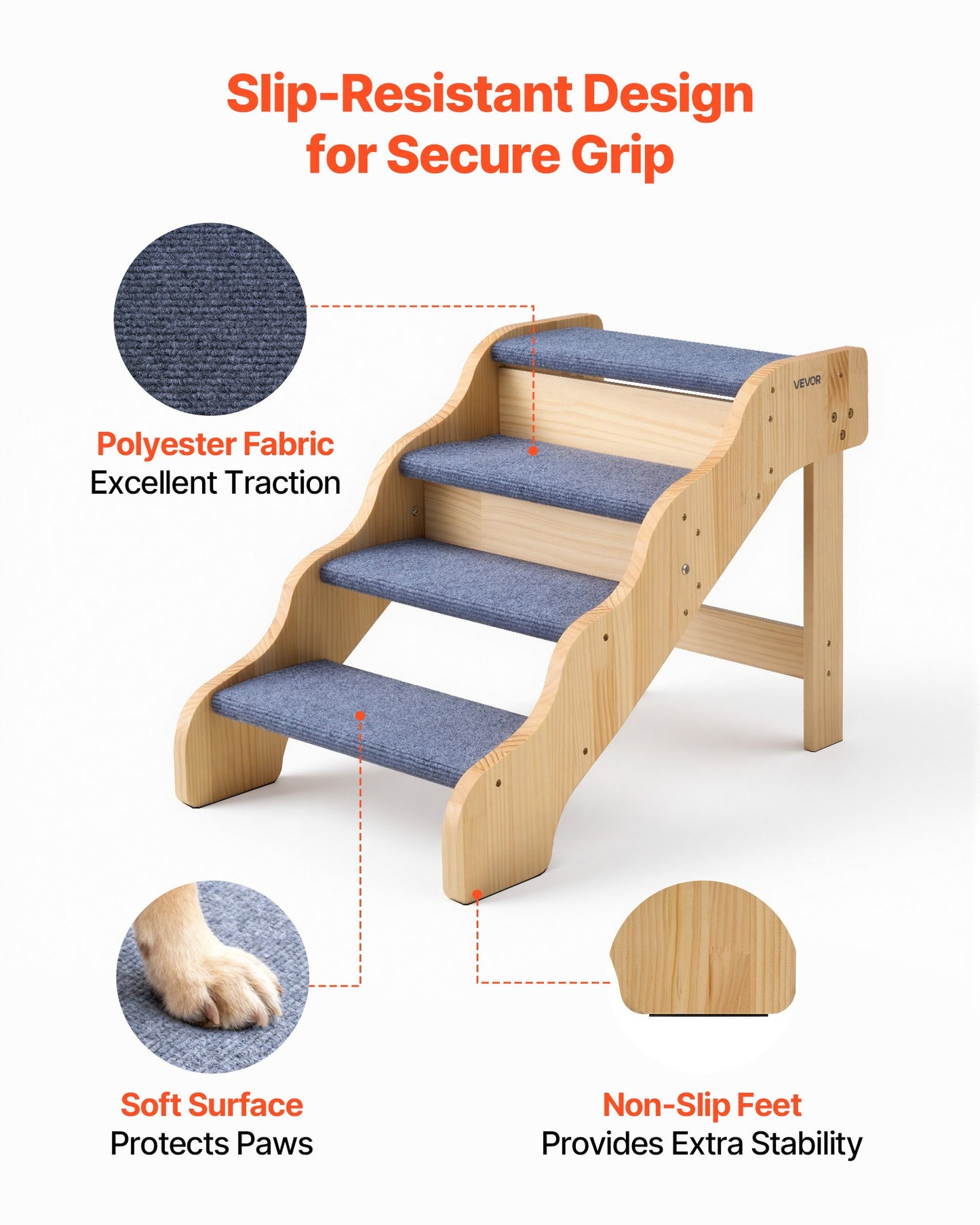 Wood Pet Stairs, 4-Step Dog Stairs For High Beds, Sofa & Cars, 150lbs Load Capacity, Non-Slip Surface, Stable Cat & Dog Step Ladder For Small Medium Large Older Pet Puppy Essentials