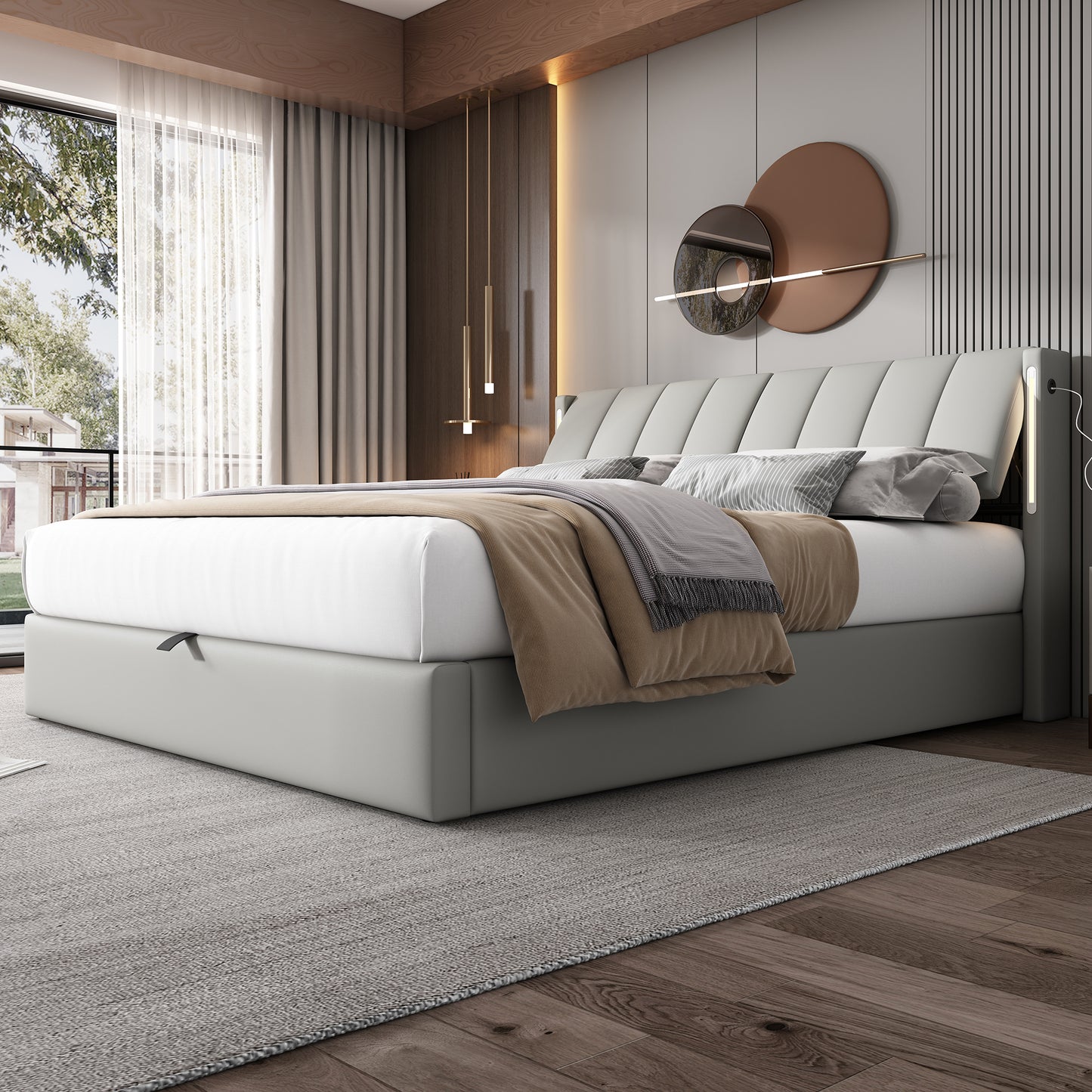 Binaural LED Upholstered Bed 180 X 200 Cm, Hydraulic Bed, Rechargeable USB Port In Bed, With LED Lighting, With Storage, Adjustable Headboard, PU, Grey