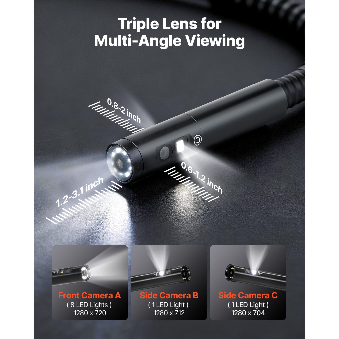 Triple Lens Endoscope With Dual-Cable Setup, Industrial Borescope With Light, 7 HD IPS Spilt-Screen, 8  2 LEDs, 8X Zoom, IP67 Waterproof Snake Camera For Auto, Plumbing 16.4FT  9.8FT Cables