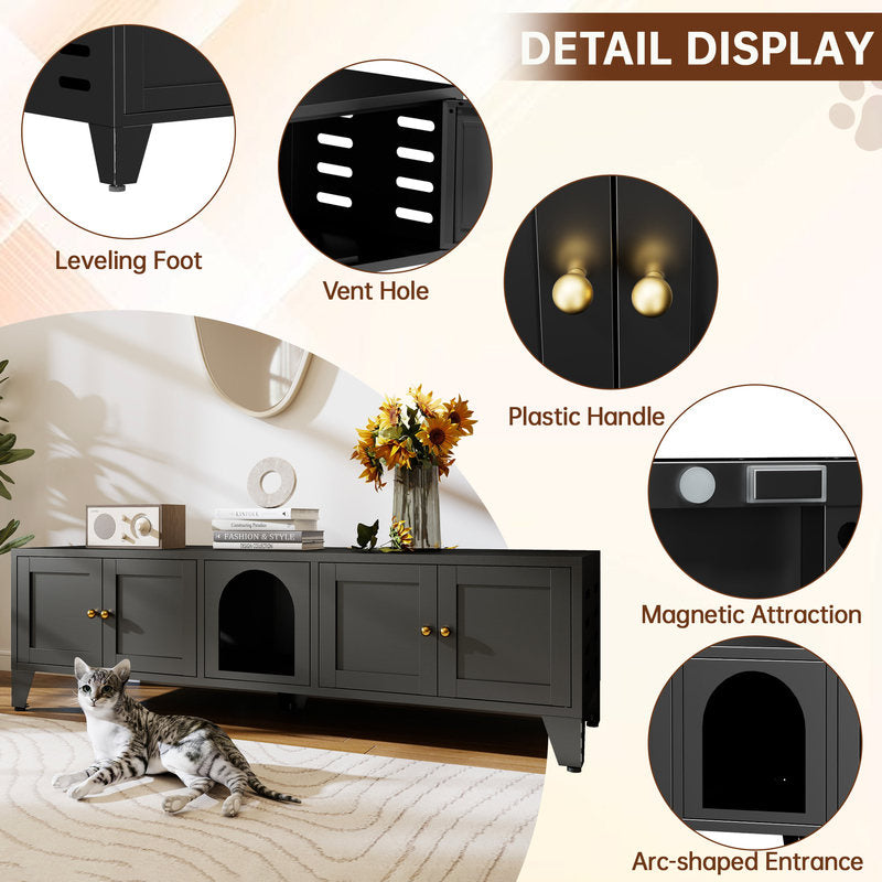 58in Metal Cat Litter Box Enclosure, Hidden Litter Furniture For 2 Cats, Large Indoor Cat House TV Stand Cabinet W Ventilation & 2 Compartments, Black Modern Pet Washroom W Adjustable Legs
