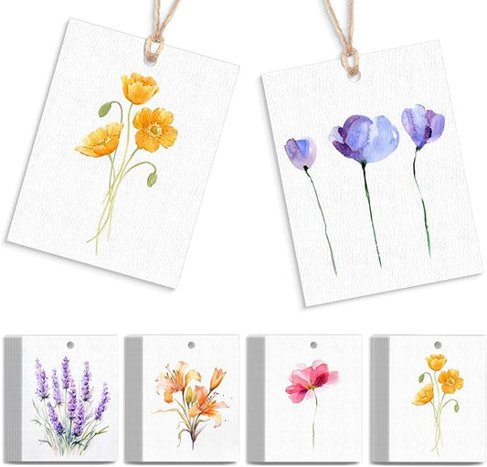 AmazingSpark 50 Set Floral Blank Gift Tags with String, 2x3 in Watercolor Flower Paper Hang Tags for Mother's Day Bridal B...