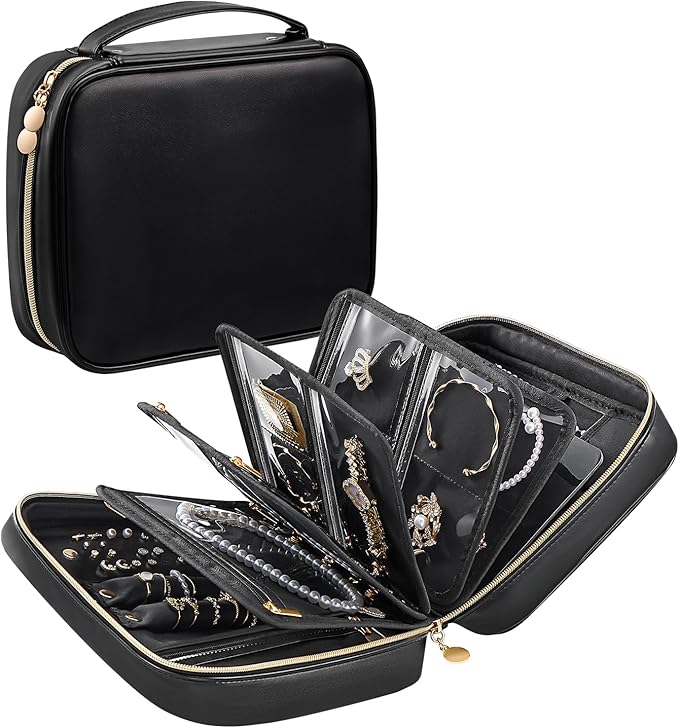 Lolalet Travel Jewelry Organizer Case, Large Jewelry Binder Book with Individual Pouches, Portable Leather Zippered Bag fo...