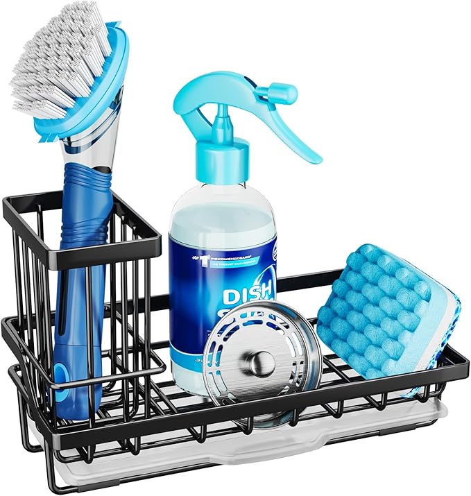 Consumest Sponge Holder for Kitchen Sink - Kitchen Sink Caddy Organizer with Removable Drip Tray for Countertop Dish Soap ...