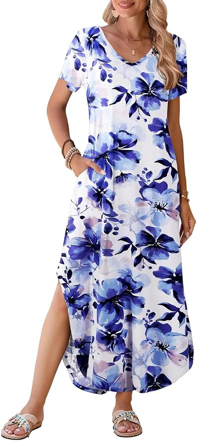 BELAROI Womens Plus Size Maxi Dresses Summer T Shirt Dress Casual V Neck Short Sleeve Long Dress Loose Fit Pockets Split