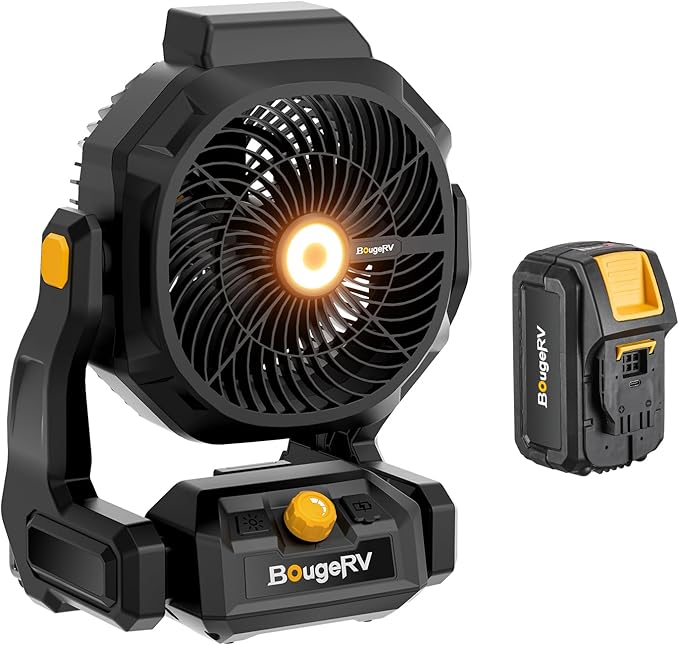 BougeRV Battery Powered Fan 755 CFM Cordless Table Fan with 8A 144Wh Removable Battery Metal Hooks AC/DC Supply USB Port L...
