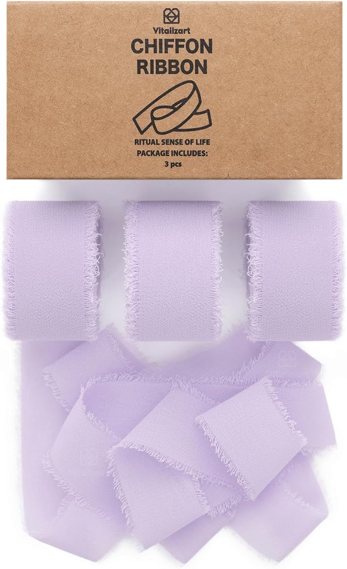 Vitalizart Lavender Purple Chiffon Silk Ribbon 1" x 21 Yd Fringe Fabric Package (3 Rolls * 7 Yd) for Wedding Invitations B...