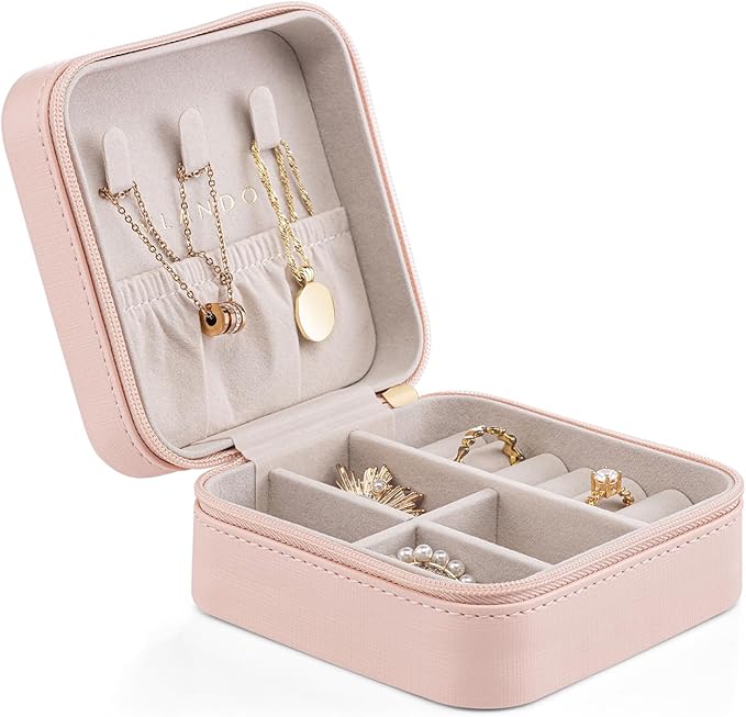 VLANDO Small Faux Leather Travel Jewelry Box Organizer Display Storage Case for Rings Earrings Necklace, Pink