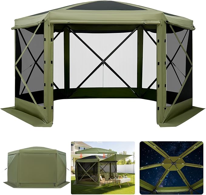 VEVOR Pop up Gazebo Screen Tent, 12 x 12 ft Large 6-Sided Camping Canopy Tent with Removable Top & Carry Bag, Quick-Set & ...