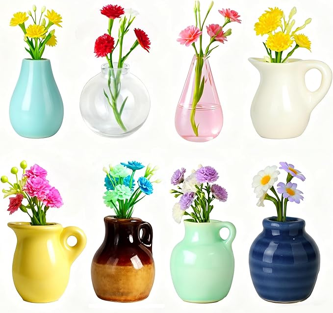 Renmxj 8 Pcs Refrigerator Magnets - Cute Mini Ceramic Vase Fridge Magnets with Artificial Flowers, Funny Tiny Vase Magnet ...