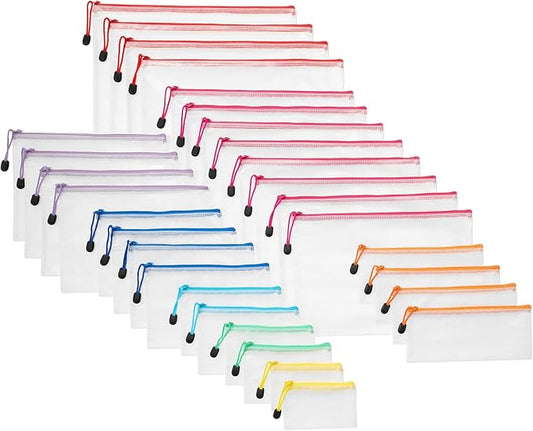 Amazon Basics 30-Pack Mesh Zipper Pouch Bags, 8 Sizes Assorted Colors Storage Organizers, Multipurpose Clear Travel Docume...