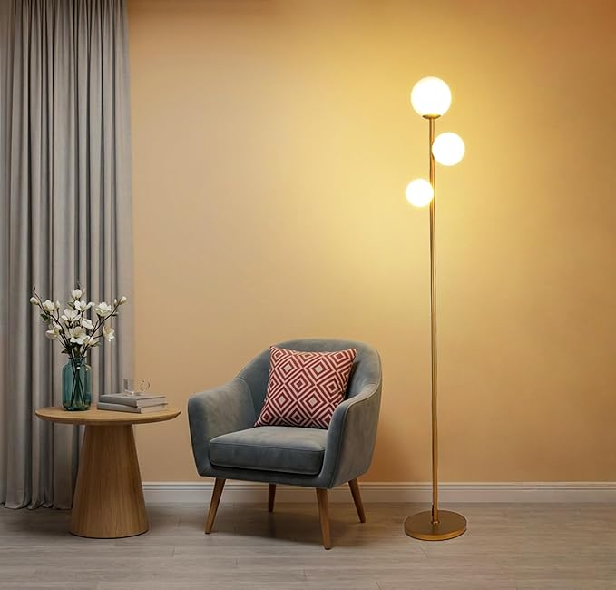 Fiqevs 3 Globe Floor Lamp Mid Century Modern, Gold Standing Lamp with Frosted Glass Shade & LED Bulbs, Tall Pole Light wit...