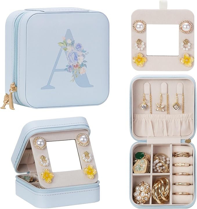 Enthralite Travel Jewelry Box for Gift: Traveling Jewelry Case for Girls Women - Mini Organizer for Necklaces Earrings Blue A