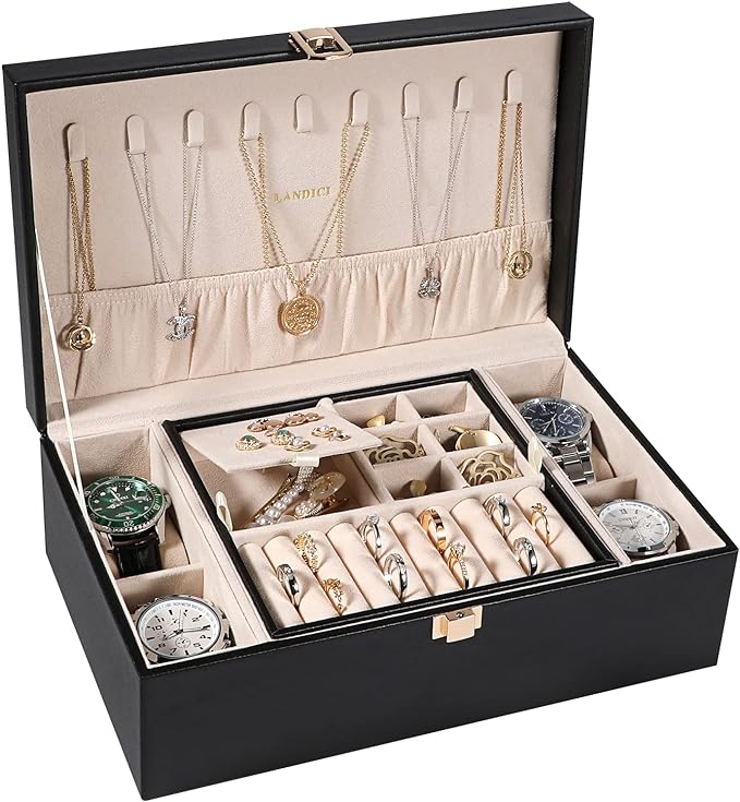 LANDICI Jewelry Box Organizer for Men Women, 2 Layer 4 Slot Watch Storage Case with Removable Tray, PU Leather Large Jewel...