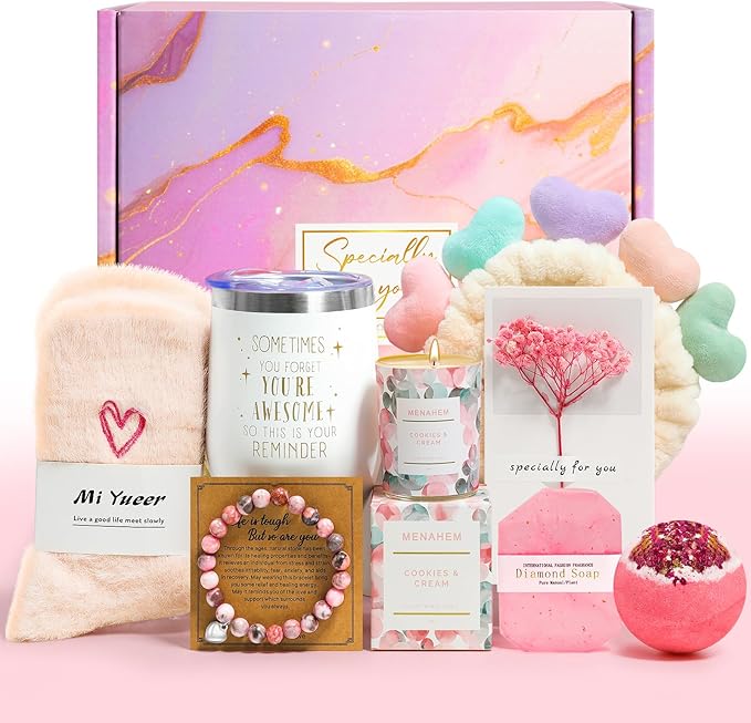 Happy Birthday Gifts for Women, 9pc Get Well Baskets, Pink Self Care Package Relaxing Spa Bath Thinking of You Gift Set fo...