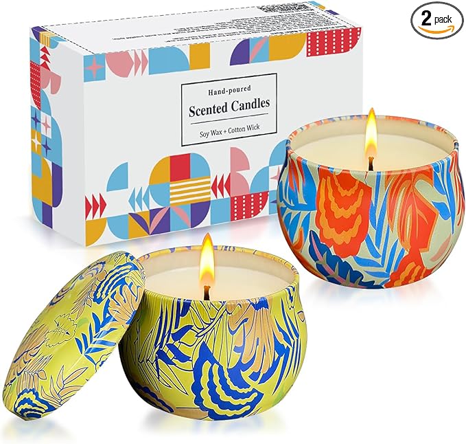 2 Pack Soy Candles Gift Set, 4.4 oz Aromatherapy Candles, Lavender and Rose Scents in Portable Tin Jars - for Home, Trave...