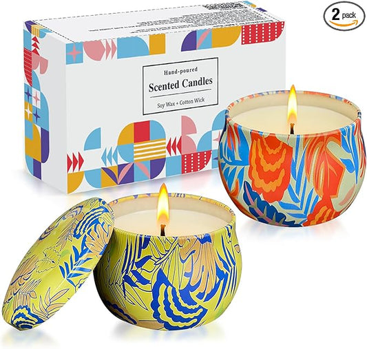 2 Pack Soy Candles Gift Set, 4.4 oz Aromatherapy Candles, Lavender and Rose Scents in Portable Tin Jars - for Home, Trave...