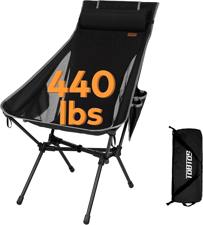 TOBTOS Portable High Back Camping Chair, Support 440 lbs, Ultralight Folding Chair with Head Support, Compact Backpacking ...