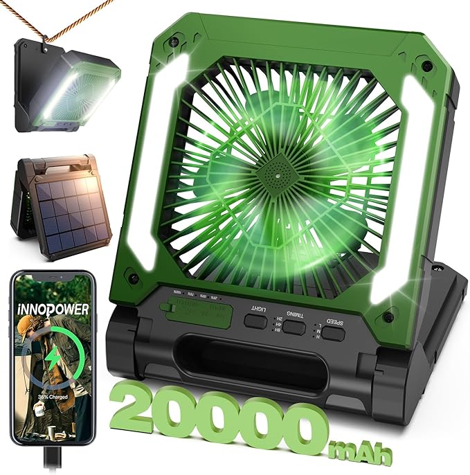 20000mAh Portable Fan Rechargeable with Solar Panel 2-in-1, 3 Speeds Cordless Battery Powered Fan with Led Lantern,Timer, ...