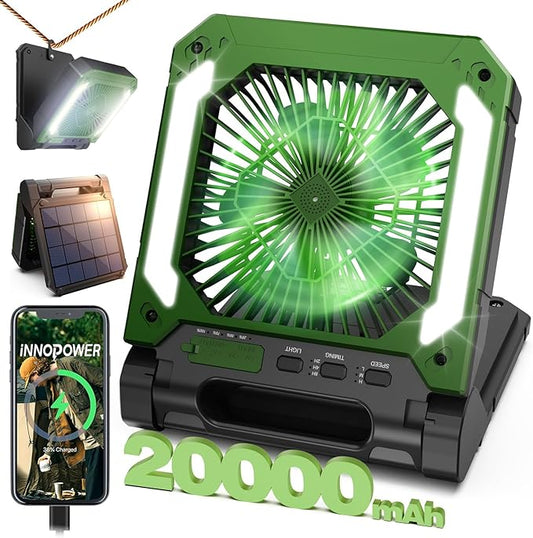 20000mAh Portable Fan Rechargeable with Solar Panel 2-in-1, 3 Speeds Cordless Battery Powered Fan with Led Lantern,Timer, ...